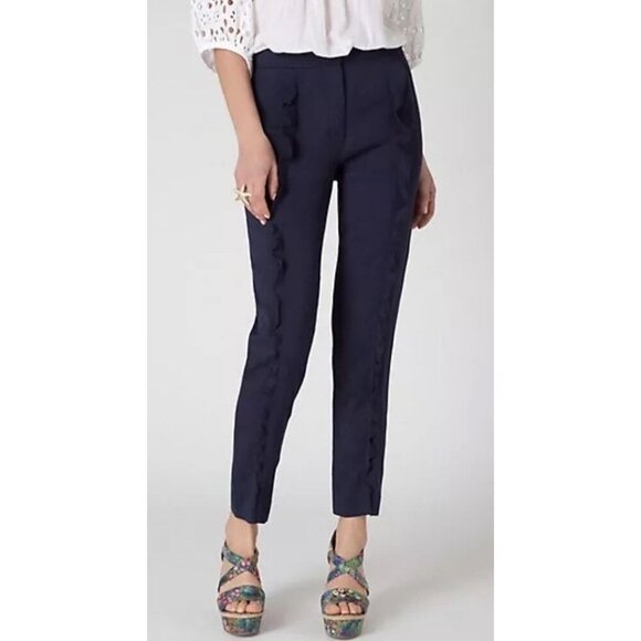 Anthropologie Leifsdottir Linen blend Ruffle tapered Dress Pants Navy Blue Sz 2 - Picture 1 of 12